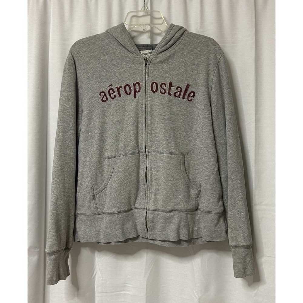 Vintage Aeropostale Hoodie Womens XL Gray Thermal Lined Full Zip Y2K